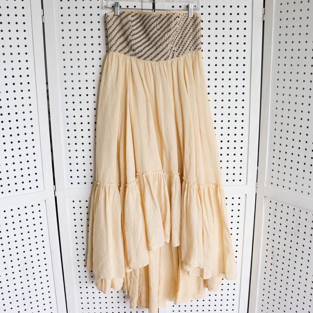 Free People Beaded Yellow Linen Dress Midi Hi Low Boho Womens SIZE S